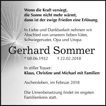 Traueranzeige von Gerhard Sommer von Mitteldeutsche Zeitung Aschersleben