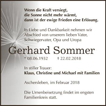 Traueranzeige von Gerhard Sommer von Super Sonntag Aschersleben