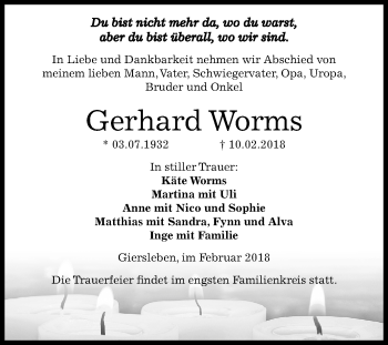 Traueranzeige von Gerhard Worms von Mitteldeutsche Zeitung Aschersleben