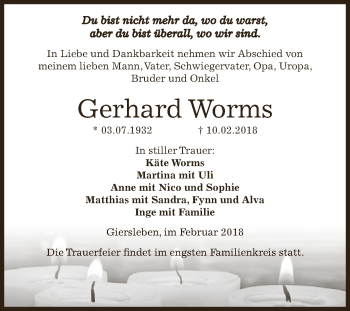 Traueranzeige von Gerhard Worms von Super Sonntag Aschersleben