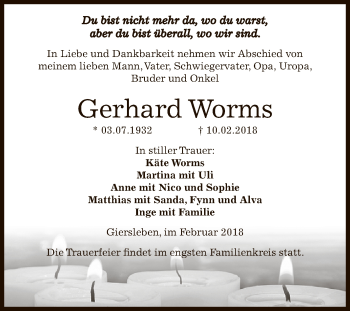 Traueranzeige von Gerhard Worms von Super Sonntag Aschersleben