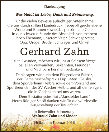 Traueranzeige von Gerhard Zahn von Wochenspiegel Mansfelder Land