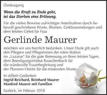 Traueranzeige von Gerlinde Maurer von WVG - Wochenspiegel NMB / WSF / ZTZ