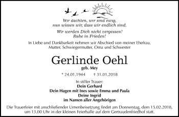 Traueranzeige von Gerlinde Oehl von Mitteldeutsche Zeitung Halle/Saalkreis
