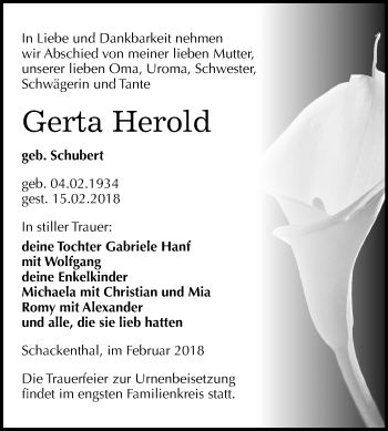Traueranzeige von Gerta Herold von Mitteldeutsche Zeitung Aschersleben
