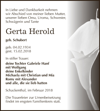 Traueranzeige von Gerta Herold von Super Sonntag Aschersleben