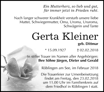 Traueranzeige von Gerta Kleiner von Mitteldeutsche Zeitung