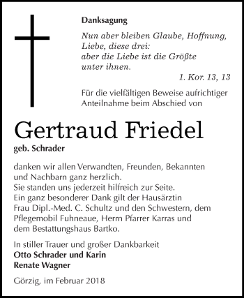 Traueranzeige von Gertraud Friedel von WVG - Wochenspiegel Dessau / Köthen