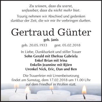 Traueranzeige von Gertraud Günter von Mitteldeutsche Zeitung Bitterfeld