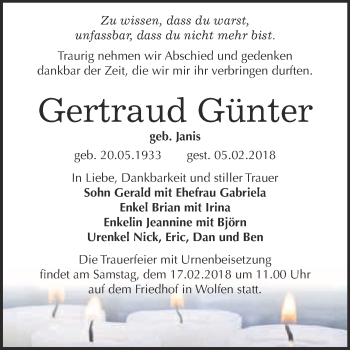 Traueranzeige von Gertraud Günter von WVG - Wochenspiegel Bitterfeld