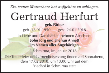 Traueranzeige von Gertraud Herfurt von Mitteldeutsche Zeitung Merseburg/Querfurt