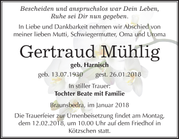 Traueranzeige von Gertraud Mühlig von Mitteldeutsche Zeitung Merseburg/Querfurt