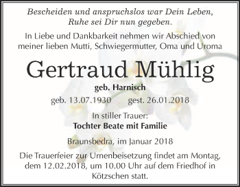 Traueranzeige von Gertraud Mühlig von WVG - Wochenspiegel Merseburg