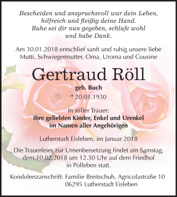 Traueranzeige von Gertraud Röll von Mitteldeutsche Zeitung