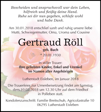 Traueranzeige von Gertraud Röll von Wochenspiegel Mansfelder Land
