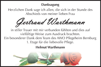 Traueranzeige von Gertraud Warthmann von Mitteldeutsche Zeitung Bernburg