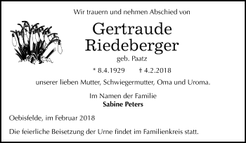 Traueranzeige von Gertraude Riedeberger von Mitteldeutsche Zeitung Bitterfeld