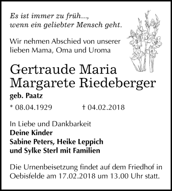 Traueranzeige von Gertraude Maria Margarete Riedeberger von Mitteldeutsche Zeitung Bitterfeld