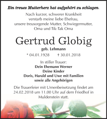 Traueranzeige von Gertrud Globig von WVG - Wochenspiegel Bitterfeld