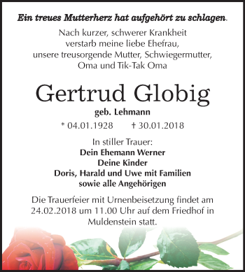 Traueranzeige von Gertrud Globig von Mitteldeutsche Zeitung Bitterfeld