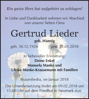 Traueranzeige von Gertrud Lieder von Mitteldeutsche Zeitung