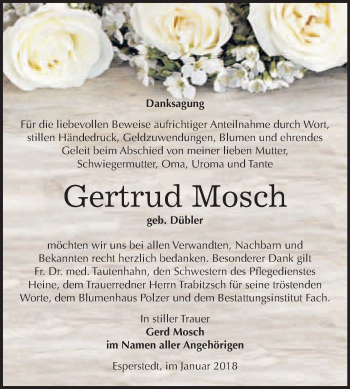 Traueranzeige von Gertrud Mosch von WVG - Wochenspiegel Merseburg