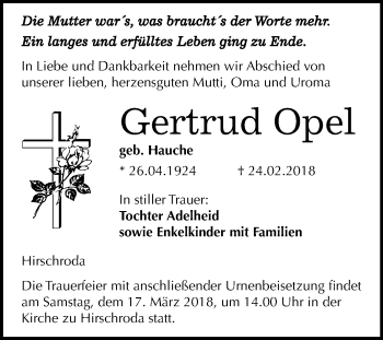 Traueranzeige von Gertrud Opel von Mitteldeutsche Zeitung