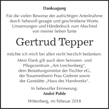 Traueranzeige von Gertrud Tepper von WVG - Wochenspiegel Wittenberg