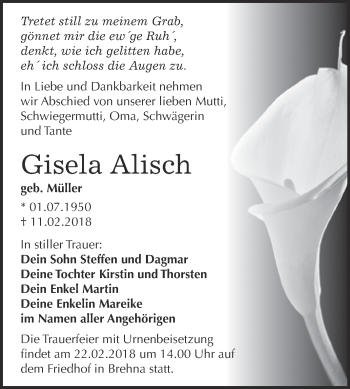 Traueranzeige von Gisela Alisch von WVG - Wochenspiegel Bitterfeld