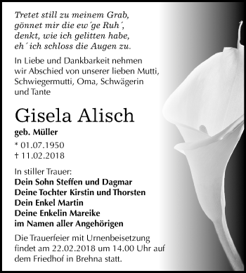 Traueranzeige von Gisela Alisch von Mitteldeutsche Zeitung Bitterfeld