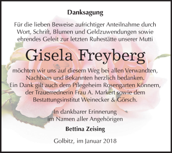 Traueranzeige von Gisela Freyberg von Mitteldeutsche Zeitung Bernburg