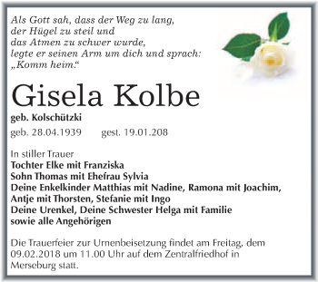 Traueranzeige von Gisela Kolbe von WVG - Wochenspiegel Merseburg