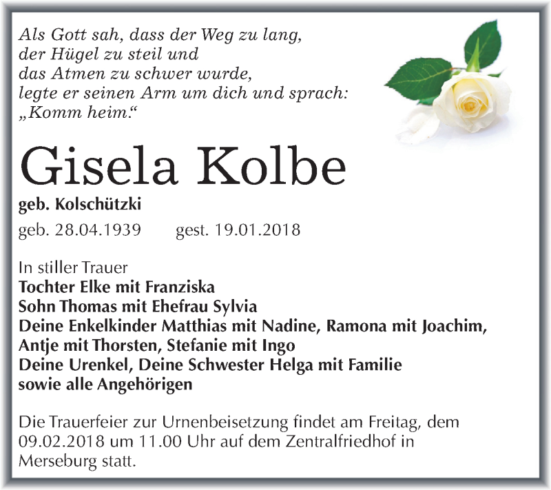  Traueranzeige für Gisela Kolbe vom 06.02.2018 aus Mitteldeutsche Zeitung Merseburg/Querfurt