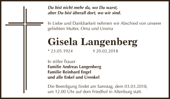 Traueranzeige von Gisela Langenberg von Super Sonntag Bernburg