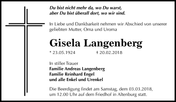 Traueranzeige von Gisela Langenberg von Mitteldeutsche Zeitung Bernburg