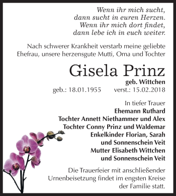 Traueranzeige von Gisela Prinz von Mitteldeutsche Zeitung Bernburg