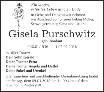 Traueranzeige von Gisela Purschwitz von WVG - Wochenspiegel Wittenberg