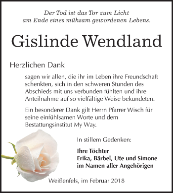 Traueranzeige von Gislinde Wendland von Mitteldeutsche Zeitung Weißenfels
