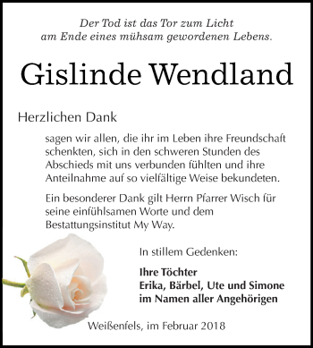 Traueranzeige von Gislinde Wendland von WVG - Wochenspiegel NMB / WSF / ZTZ