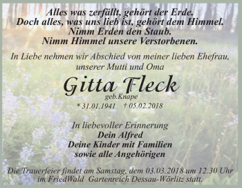 Traueranzeige von Gitta Fleck von Mitteldeutsche Zeitung Dessau-Roßlau
