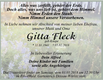 Traueranzeige von Gitta Fleck von WVG - Wochenspiegel Dessau / Köthen