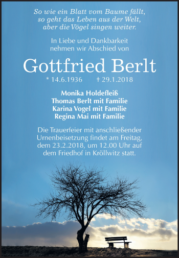 Traueranzeige von Gottfried Berlt von Mitteldeutsche Zeitung Halle/Saalkreis