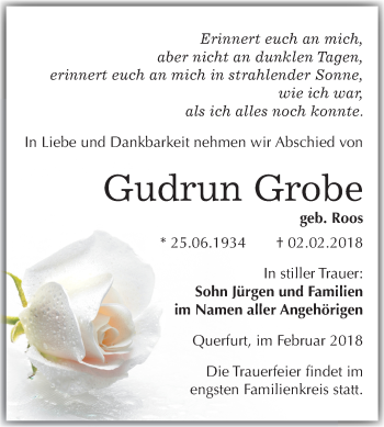 Traueranzeige von Gudrun Grobe von Mitteldeutsche Zeitung