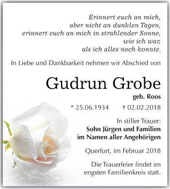 Traueranzeige von Gudrun Grobe von WVG - Wochenspiegel Merseburg