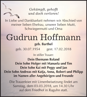 Traueranzeige von Gudrun Hoffmann von Mitteldeutsche Zeitung Bitterfeld