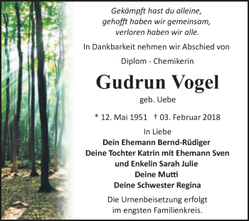 Traueranzeige von Gudrun Vogel von WVG - Wochenspiegel Bitterfeld