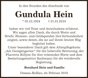 Traueranzeige von Gundula Hein von WVG - Wochenspiegel Dessau / Köthen