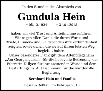 Traueranzeige von Gundula Hein von Mitteldeutsche Zeitung Dessau-Roßlau