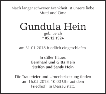Traueranzeige von Gundula Hein von WVG - Wochenspiegel Dessau / Köthen