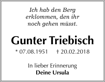 Traueranzeige von Gunter Triebfisch von Mitteldeutsche Zeitung Bitterfeld